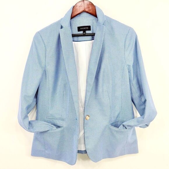 Talbots Blue White Micro Geometric Print 100% Cotton Button Nautical Blazer - Picture 2 of 16